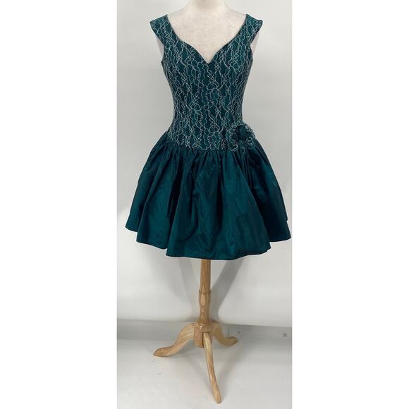 Vintage 80s Fit & Flare Cocktail Dress Lace Bodice Taffeta Mini Teal Womens 8 - Picture 2 of 12